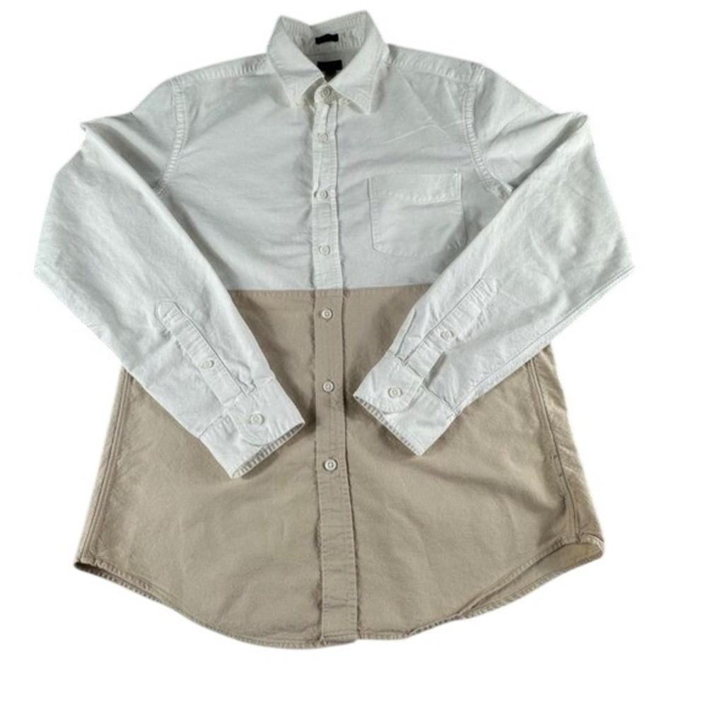 JCrew Long Sleeve Button Up Shirt Men M White Beige Colorblock Dress Collared Lg
